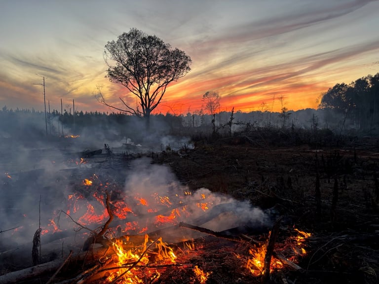 Silhouetted tree at sunset with active wildfires burning in foreground and smoky landscape