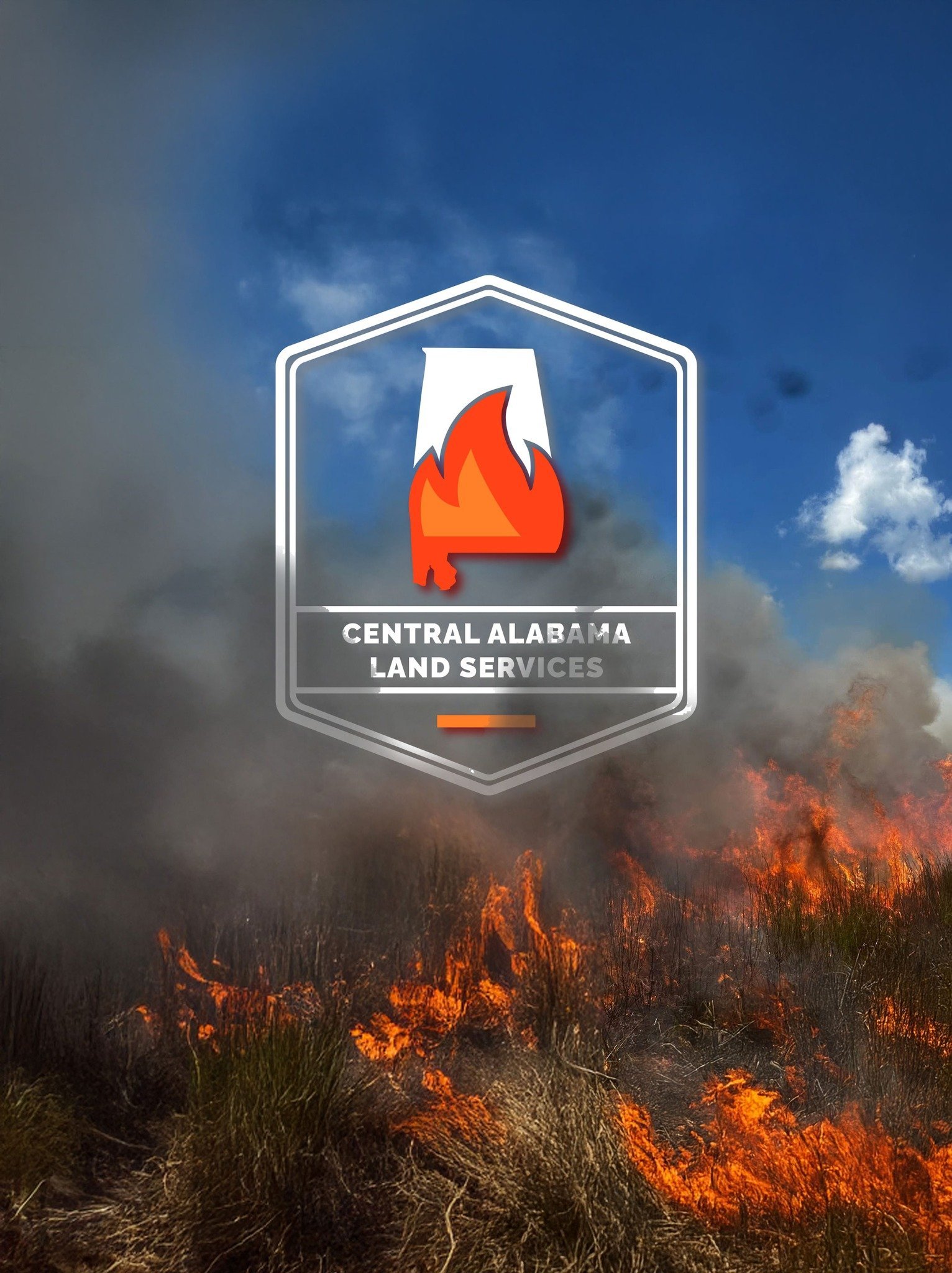 Central Alabama Land Services logo with red flame icon overlaid on wildfire landscape background